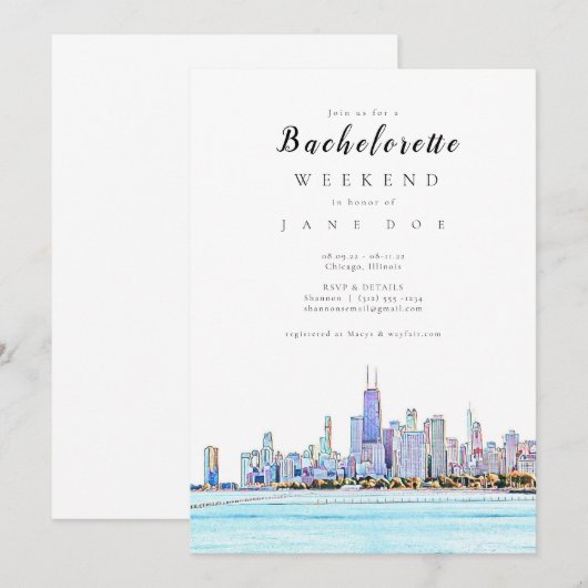 Uitnodiging Chicago Skyline Bachelorette Party (Voorkant / Achterkant)