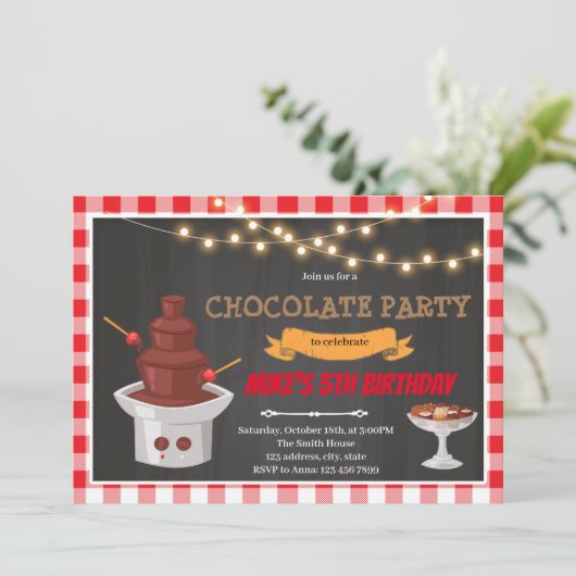 Uitnodiging chocoladefontein verjaardagsfeest (Staand voorkant)