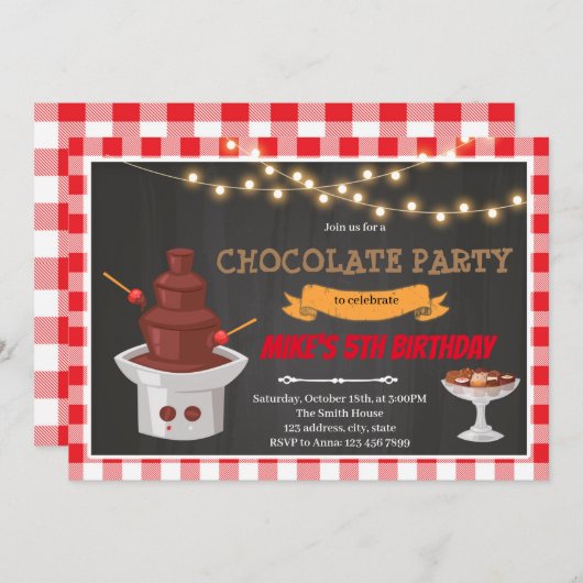 Uitnodiging chocoladefontein verjaardagsfeest (Voorkant / Achterkant)