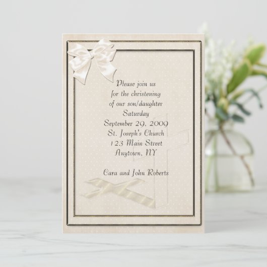 Uitnodiging Christening Cream Cross (Staand voorkant)