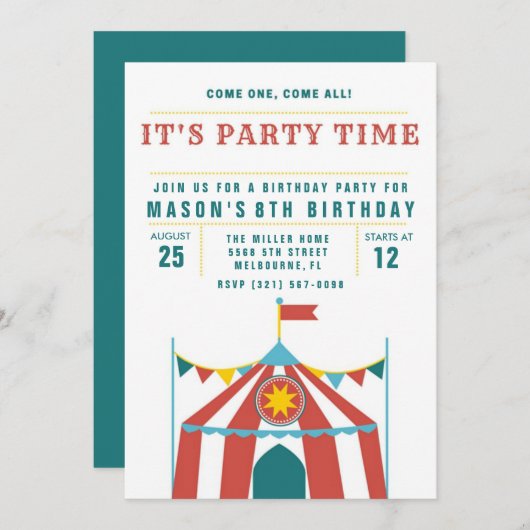 Uitnodiging Circus Birthday kind (Voorkant / Achterkant)