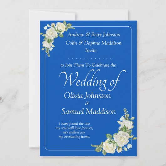 Uitnodiging Cobalt Blauw & Witte Rozen bruiloft (Voorkant)