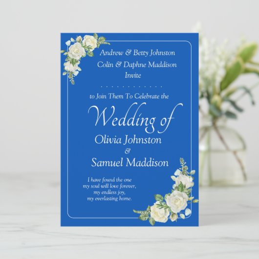 Uitnodiging Cobalt Blauw & Witte Rozen bruiloft (Staand voorkant)