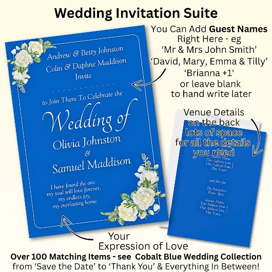 Uitnodiging Cobalt Blauw & Witte Rozen bruiloft