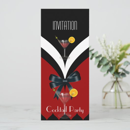 Uitnodiging cocktail Red Black White Stropdas Bow (Staand voorkant)