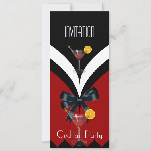 Uitnodiging cocktail Red Black White Stropdas Bow (Voorkant)