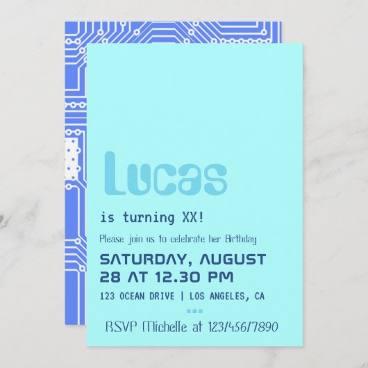 Uitnodiging computergeek Birthday Party (Voorkant / Achterkant)