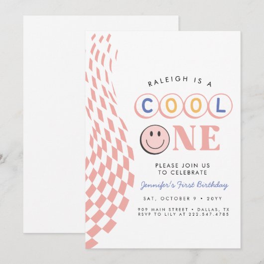 Uitnodiging Cool One Girl's eerste verjaardag geru (Voorkant / Achterkant)