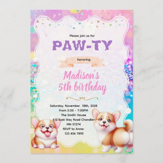 Uitnodiging corgi feest thema (Voorkant)