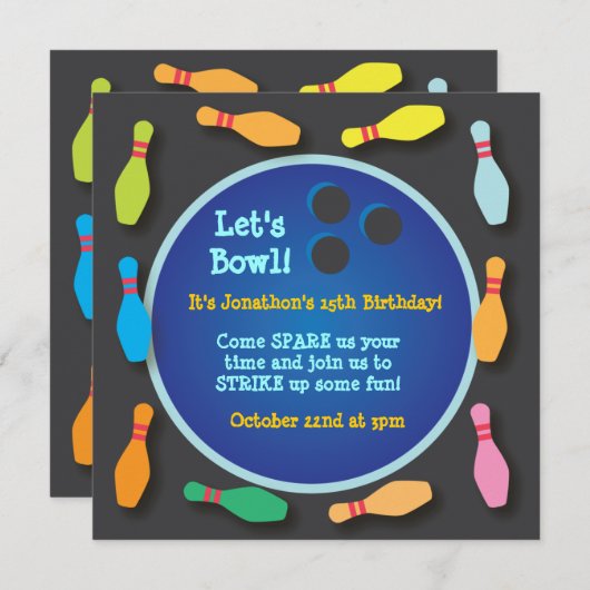 Uitnodiging Cosmic Bowling Party (Voorkant / Achterkant)