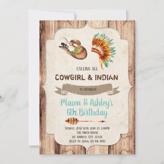 Uitnodiging Cowgirls en Indianen feestje (Voorkant)