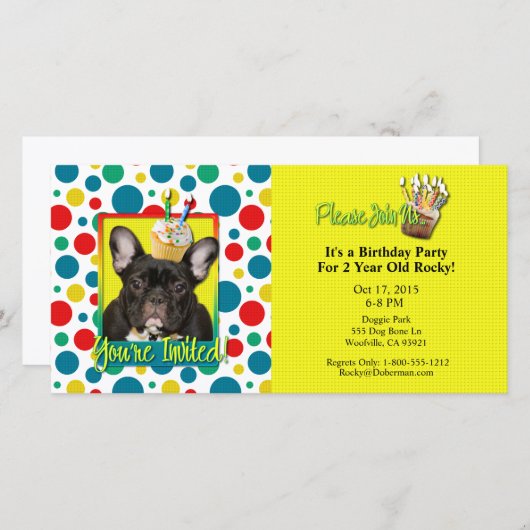 Uitnodiging Cupcake 2 jaar oud - Franse Bulldog (Voorkant / Achterkant)