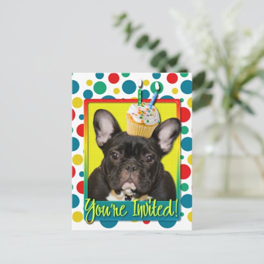 Uitnodiging Cupcake 2 jaar oud - Franse Bulldog Briefkaart (Staand voorkant)