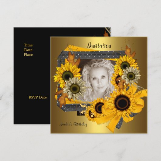 Uitnodiging Dag Foto Sunflower Gold Lijst (Voorkant / Achterkant)