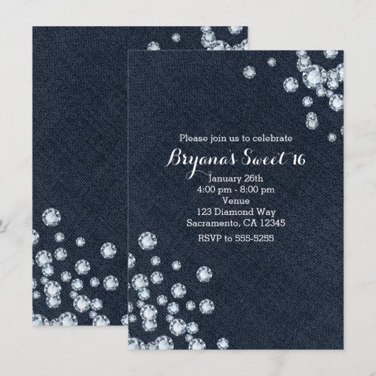 Uitnodiging Dark Denim & Diamonds verjaardagsfeest (Voorkant / Achterkant)