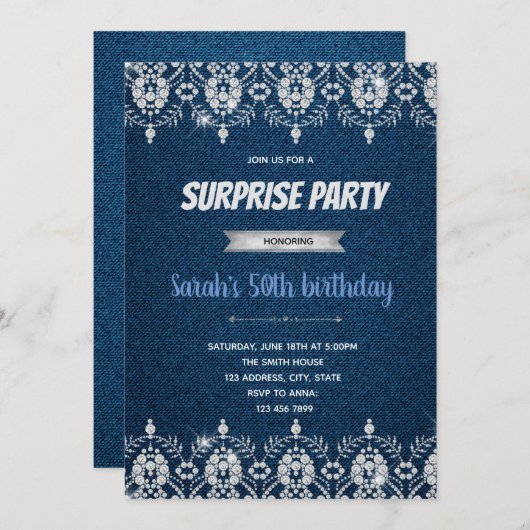 Uitnodiging denim diamant thema (Voorkant / Achterkant)