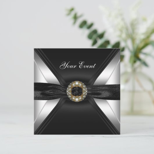 Uitnodiging Diamond Jewel Black White Silver (Staand voorkant)