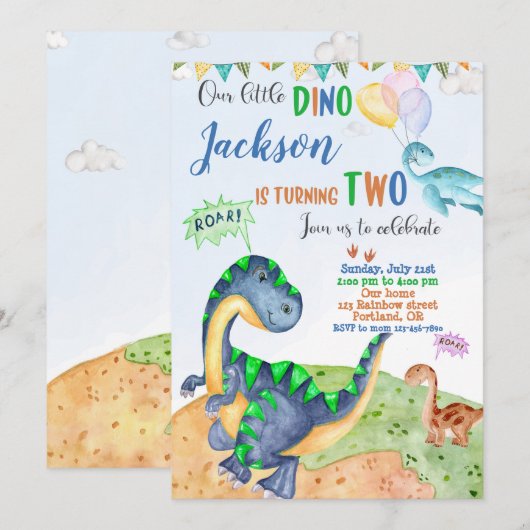 Uitnodiging Dinomite om de verjaardag van Dinosaur (Voorkant / Achterkant)