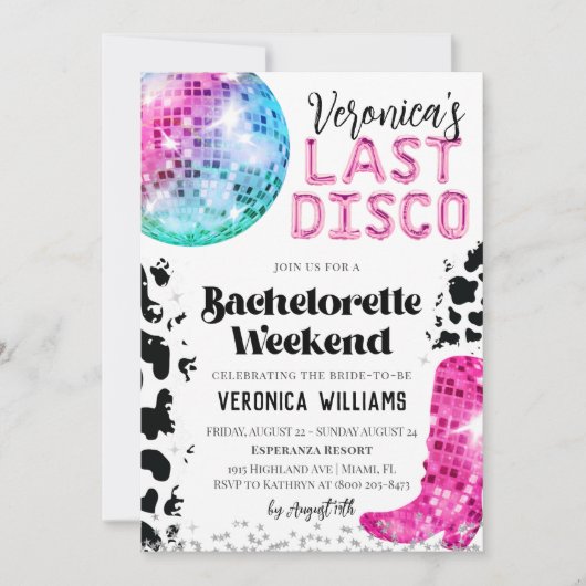 Uitnodiging Disco Cowgirl vrijgezellenfeest weeken (Voorkant)