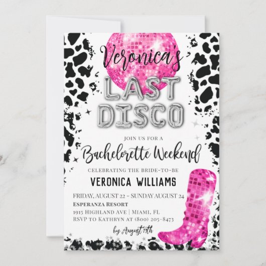 Uitnodiging Disco Cowgirl vrijgezellenfeest weeken (Voorkant)