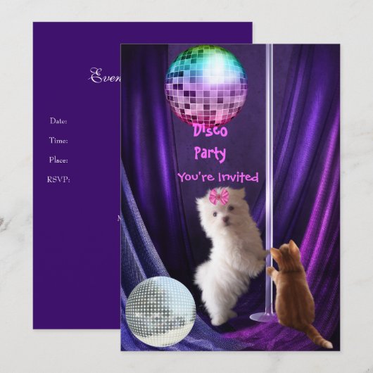 Uitnodiging Disco Feest Hond Kat Maltezer Puppy (Voorkant / Achterkant)