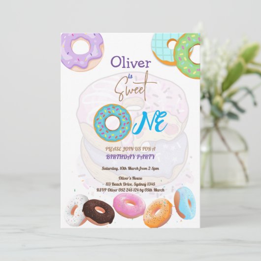 Uitnodiging Donut 1e verjaardag jongen (Staand voorkant)