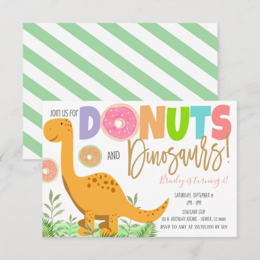 Uitnodiging Donuts and Dinosaurs Party (Voorkant / Achterkant)
