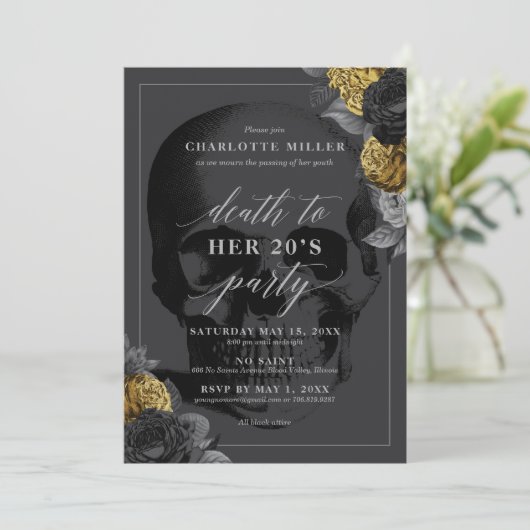 Uitnodiging 'Dood aan je 20'er jaren' Zwart en Gou (Staand voorkant)