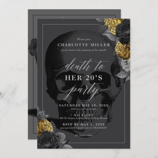Uitnodiging 'Dood aan je 20'er jaren' Zwart en Gou (Voorkant / Achterkant)