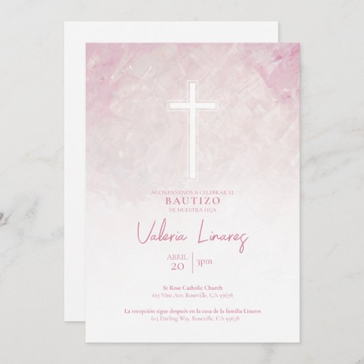 Uitnodiging Doop Feestje Meisje Rosa (Voorkant / Achterkant)