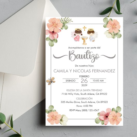 Uitnodiging Doop Spaanse Cute Twin Engelen