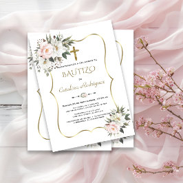 Uitnodiging Doop White Bloemen Goud Doopfeest 