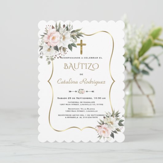 Uitnodiging Doop White Bloemen Goud Doopfeest  (Staand voorkant)