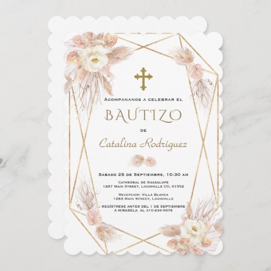 Uitnodiging Doopfeest Pampasgras Goud Doop (Voorkant / Achterkant)