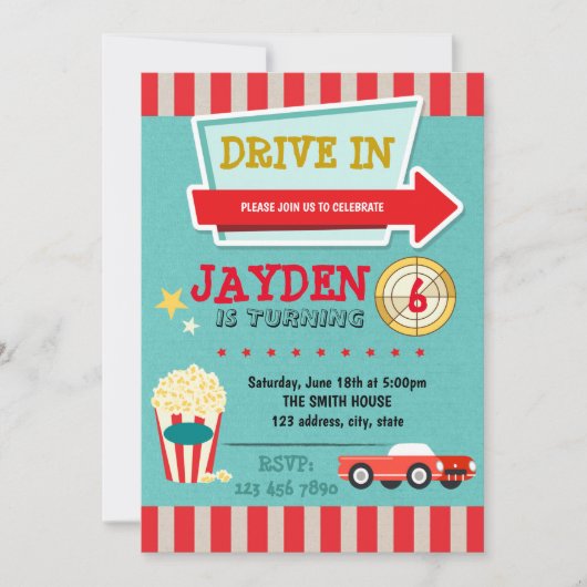 Uitnodiging drive-in themabioscoopfeest (Voorkant)