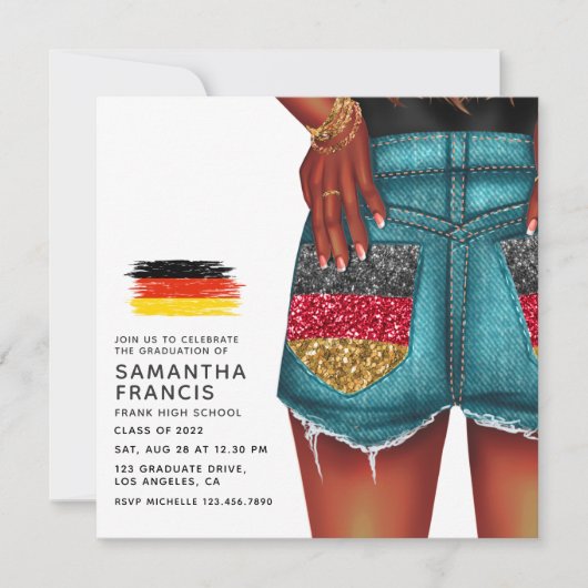 Uitnodiging Duitse Denim Girl Graduation Party (Voorkant)