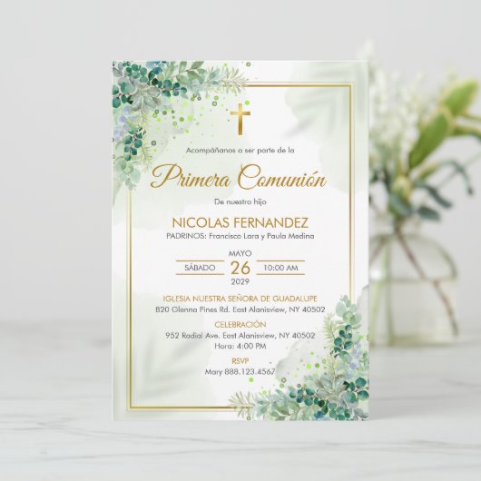 Uitnodiging Eerste Communie Groene Bladeren Commun (Staand voorkant)