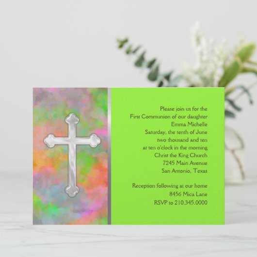 Uitnodiging eerste gemeenschap Abstract met kruis (Staand voorkant)
