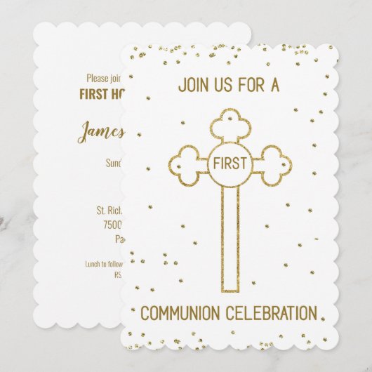 Uitnodiging Eerste Heilige Communie Gold Look Cros (Voorkant / Achterkant)