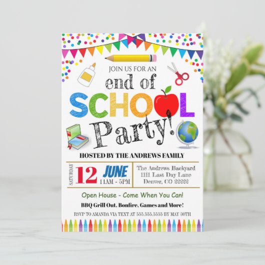 Uitnodiging einde schoolpartij (Staand voorkant)