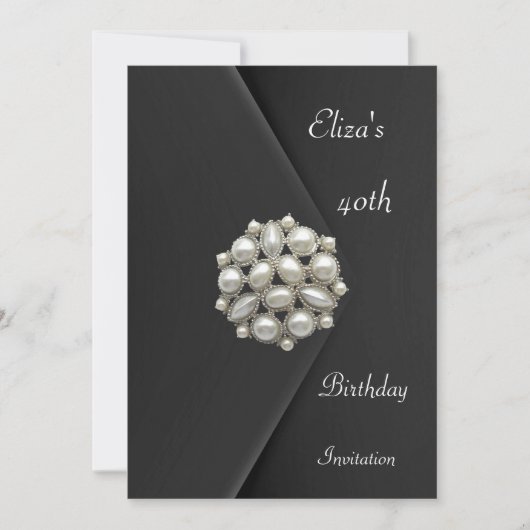Uitnodiging Elegant 40th Black Velvet Pearl Jewel (Voorkant)