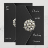 Uitnodiging Elegant 40th Black Velvet Pearl Jewel (Voorkant / Achterkant)