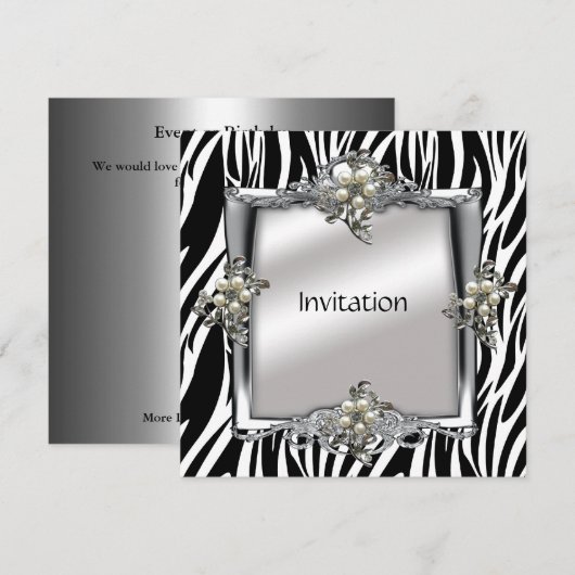 Uitnodiging Elegant Animal Zebra Silver Jewel Flor (Voorkant / Achterkant)