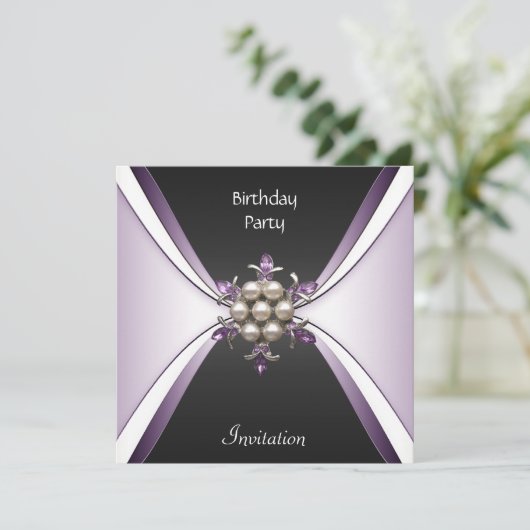 Uitnodiging Elegant Birthday Mauve Black Jewel (Staand voorkant)