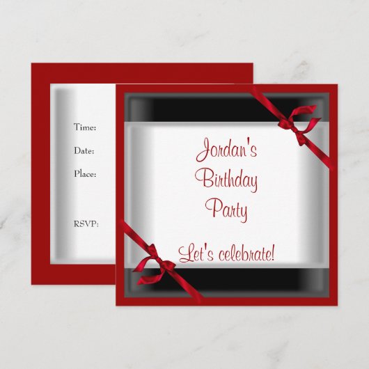 Uitnodiging Elegant Birthday Party Black White Red (Voorkant / Achterkant)