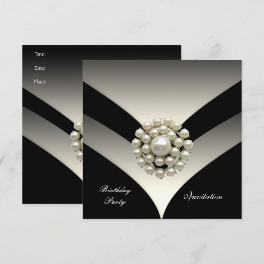 Uitnodiging Elegant Birthday Party Pearl Black (Voorkant / Achterkant)
