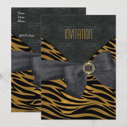 Uitnodiging Elegant Black Gold Animal Stripe Jewel (Voorkant / Achterkant)