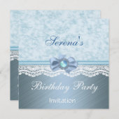 Uitnodiging Elegant Blue Lace Birthday Party (Voorkant / Achterkant)