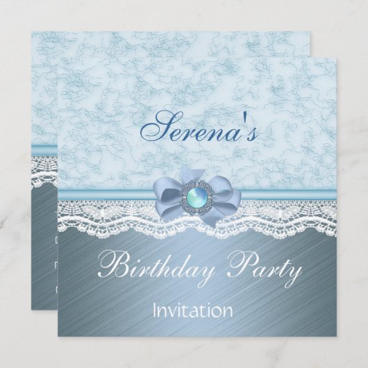 Uitnodiging Elegant Blue Lace Birthday Party (Voorkant / Achterkant)