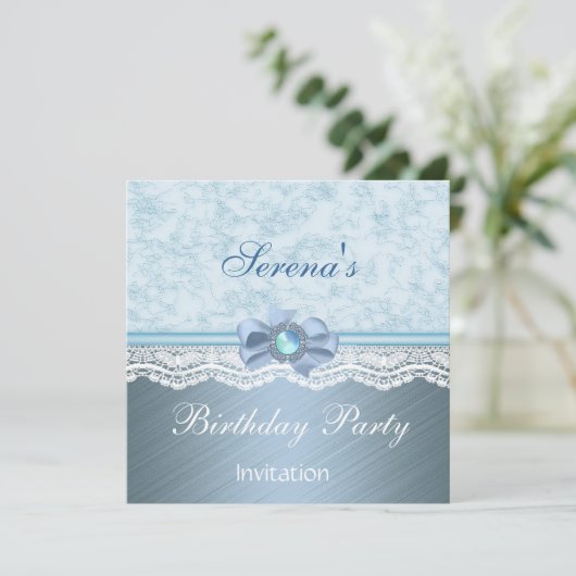Uitnodiging Elegant Blue Lace Birthday Party (Staand voorkant)